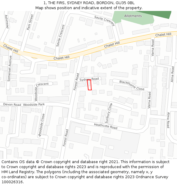 1, THE FIRS, SYDNEY ROAD, BORDON, GU35 0BL: Location map and indicative extent of plot