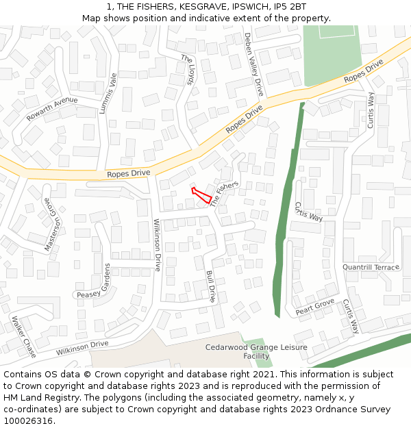 1, THE FISHERS, KESGRAVE, IPSWICH, IP5 2BT: Location map and indicative extent of plot