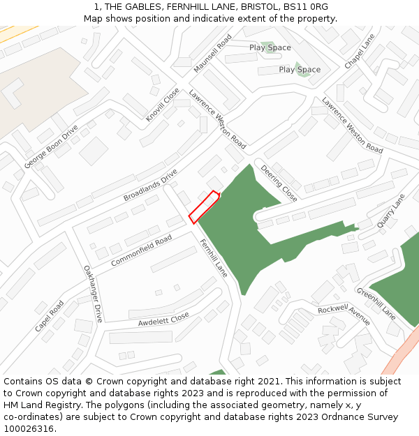 1, THE GABLES, FERNHILL LANE, BRISTOL, BS11 0RG: Location map and indicative extent of plot