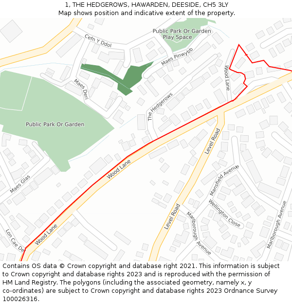 1, THE HEDGEROWS, HAWARDEN, DEESIDE, CH5 3LY: Location map and indicative extent of plot