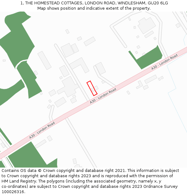1, THE HOMESTEAD COTTAGES, LONDON ROAD, WINDLESHAM, GU20 6LG: Location map and indicative extent of plot