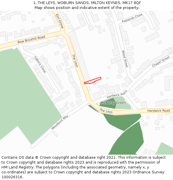 1, THE LEYS, WOBURN SANDS, MILTON KEYNES, MK17 8QF: Location map and indicative extent of plot