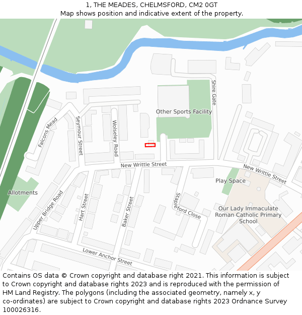 1, THE MEADES, CHELMSFORD, CM2 0GT: Location map and indicative extent of plot