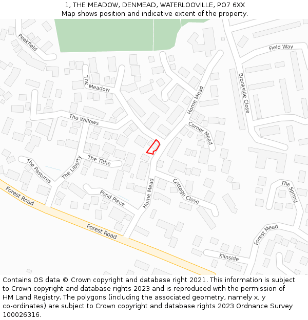 1, THE MEADOW, DENMEAD, WATERLOOVILLE, PO7 6XX: Location map and indicative extent of plot