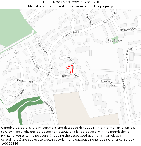 1, THE MOORINGS, COWES, PO31 7FB: Location map and indicative extent of plot