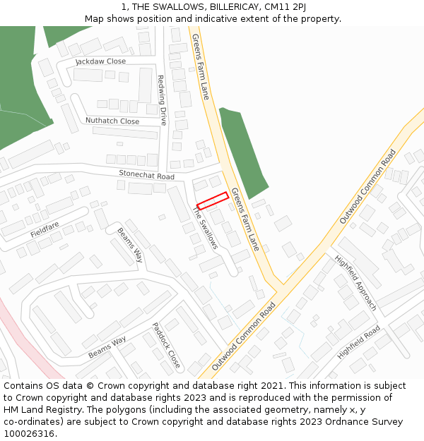 1, THE SWALLOWS, BILLERICAY, CM11 2PJ: Location map and indicative extent of plot