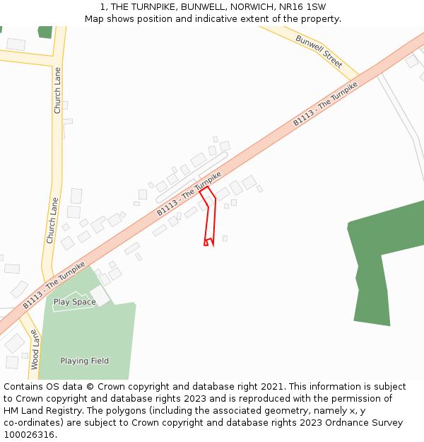 1, THE TURNPIKE, BUNWELL, NORWICH, NR16 1SW: Location map and indicative extent of plot