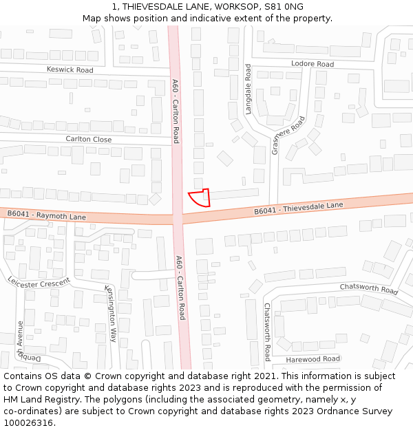 1, THIEVESDALE LANE, WORKSOP, S81 0NG: Location map and indicative extent of plot