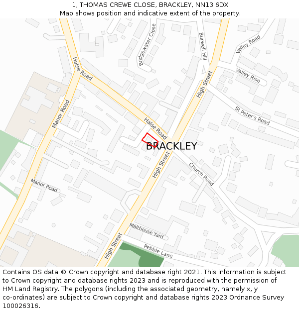 1, THOMAS CREWE CLOSE, BRACKLEY, NN13 6DX: Location map and indicative extent of plot