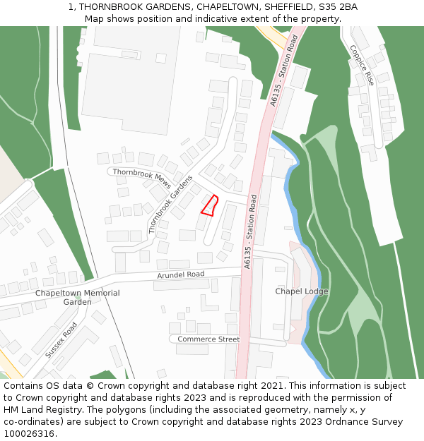 1, THORNBROOK GARDENS, CHAPELTOWN, SHEFFIELD, S35 2BA: Location map and indicative extent of plot