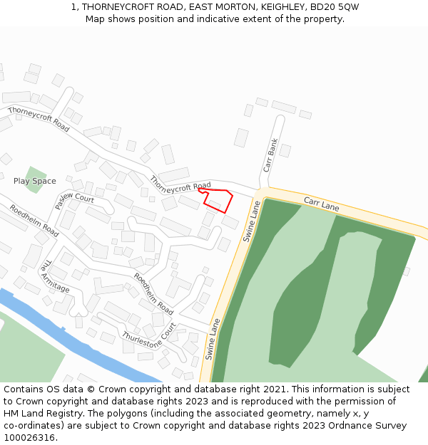 1, THORNEYCROFT ROAD, EAST MORTON, KEIGHLEY, BD20 5QW: Location map and indicative extent of plot