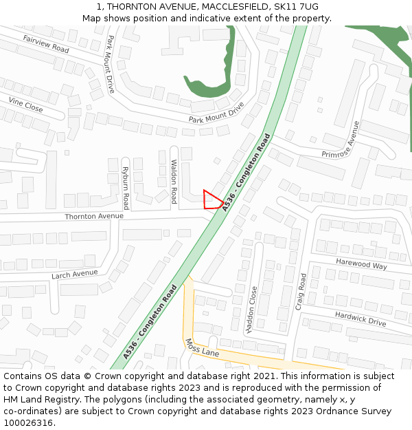 1, THORNTON AVENUE, MACCLESFIELD, SK11 7UG: Location map and indicative extent of plot
