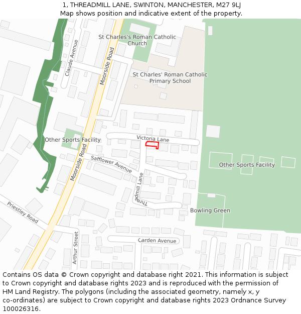 1, THREADMILL LANE, SWINTON, MANCHESTER, M27 9LJ: Location map and indicative extent of plot