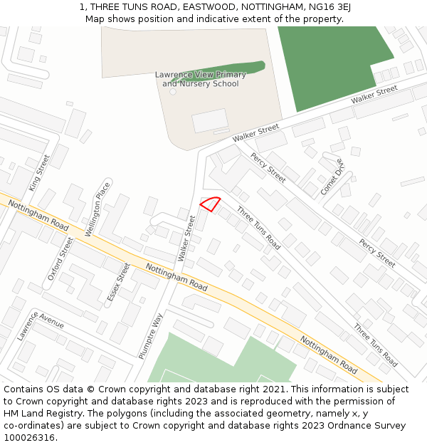 1, THREE TUNS ROAD, EASTWOOD, NOTTINGHAM, NG16 3EJ: Location map and indicative extent of plot
