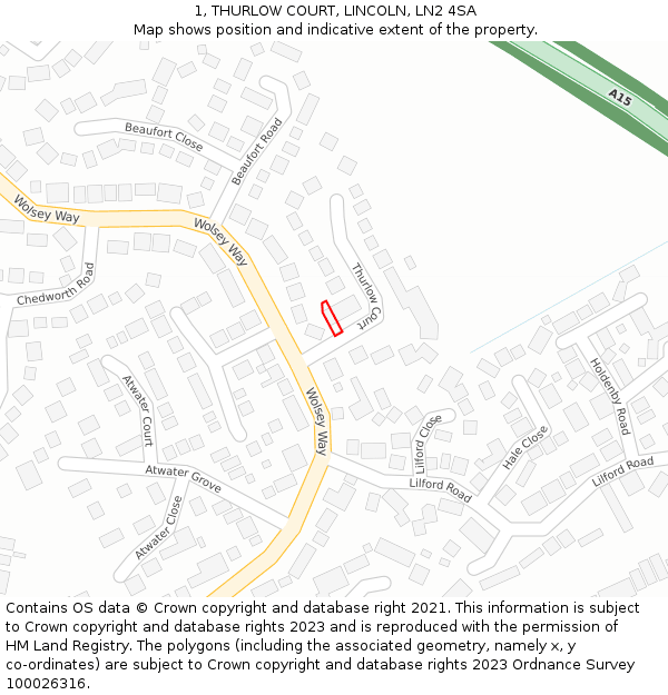 1, THURLOW COURT, LINCOLN, LN2 4SA: Location map and indicative extent of plot