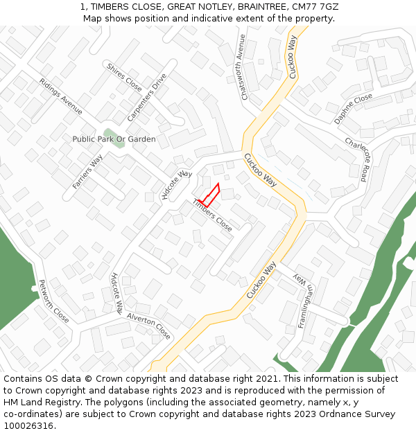 1, TIMBERS CLOSE, GREAT NOTLEY, BRAINTREE, CM77 7GZ: Location map and indicative extent of plot