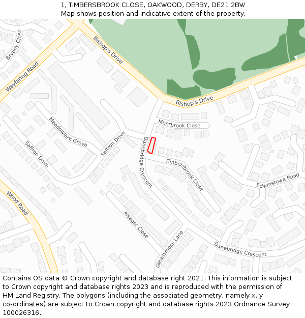 1, TIMBERSBROOK CLOSE, OAKWOOD, DERBY, DE21 2BW: Location map and indicative extent of plot