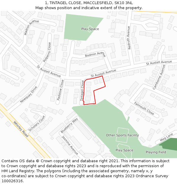 1, TINTAGEL CLOSE, MACCLESFIELD, SK10 3NL: Location map and indicative extent of plot