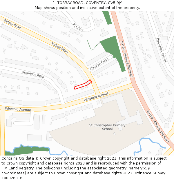 1, TORBAY ROAD, COVENTRY, CV5 9JY: Location map and indicative extent of plot