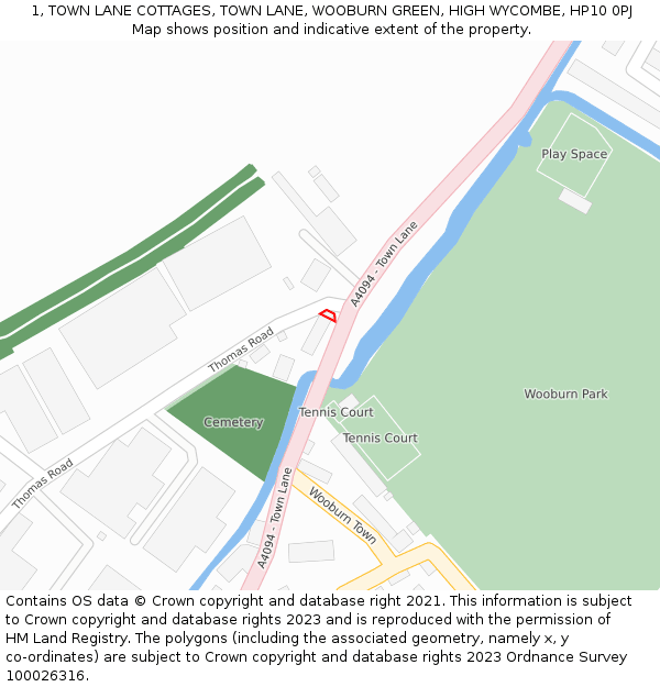 1, TOWN LANE COTTAGES, TOWN LANE, WOOBURN GREEN, HIGH WYCOMBE, HP10 0PJ: Location map and indicative extent of plot