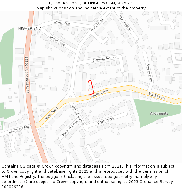 1, TRACKS LANE, BILLINGE, WIGAN, WN5 7BL: Location map and indicative extent of plot