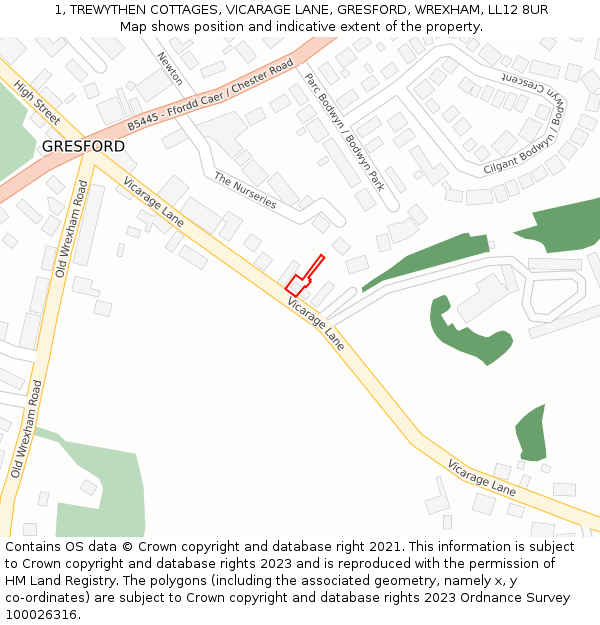 1, TREWYTHEN COTTAGES, VICARAGE LANE, GRESFORD, WREXHAM, LL12 8UR: Location map and indicative extent of plot