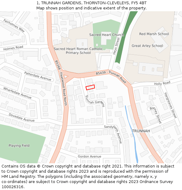 1, TRUNNAH GARDENS, THORNTON-CLEVELEYS, FY5 4BT: Location map and indicative extent of plot