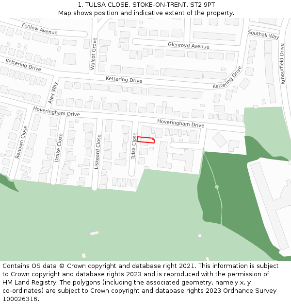 1, TULSA CLOSE, STOKE-ON-TRENT, ST2 9PT: Location map and indicative extent of plot