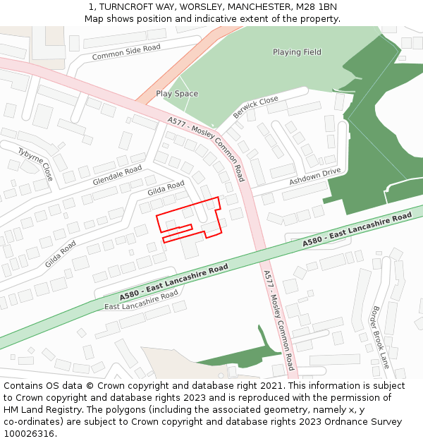 1, TURNCROFT WAY, WORSLEY, MANCHESTER, M28 1BN: Location map and indicative extent of plot