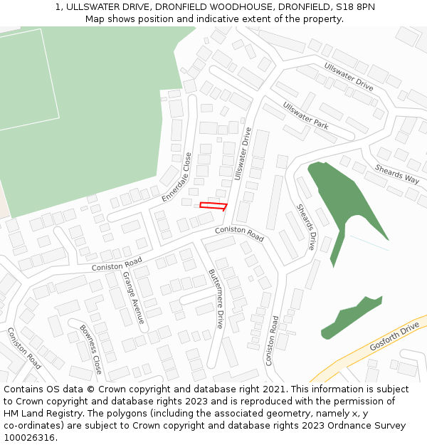 1, ULLSWATER DRIVE, DRONFIELD WOODHOUSE, DRONFIELD, S18 8PN: Location map and indicative extent of plot