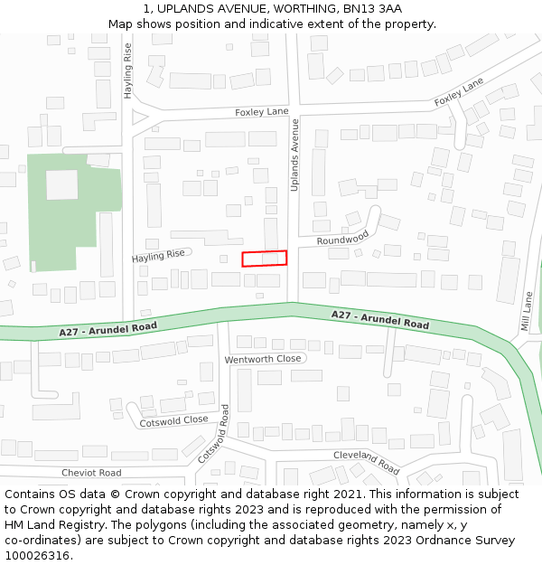 1, UPLANDS AVENUE, WORTHING, BN13 3AA: Location map and indicative extent of plot