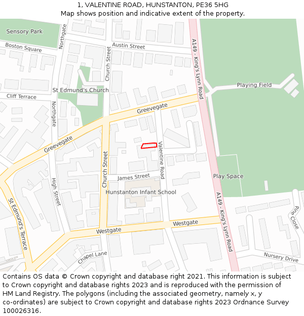 1, VALENTINE ROAD, HUNSTANTON, PE36 5HG: Location map and indicative extent of plot