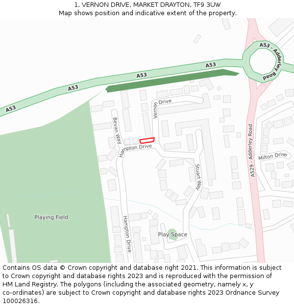 1, VERNON DRIVE, MARKET DRAYTON, TF9 3UW: Location map and indicative extent of plot