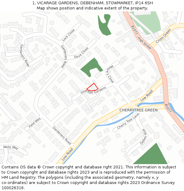 1, VICARAGE GARDENS, DEBENHAM, STOWMARKET, IP14 6SH: Location map and indicative extent of plot