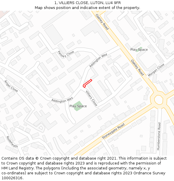 1, VILLIERS CLOSE, LUTON, LU4 9FR: Location map and indicative extent of plot