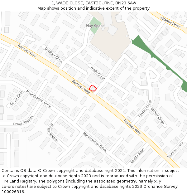1, WADE CLOSE, EASTBOURNE, BN23 6AW: Location map and indicative extent of plot