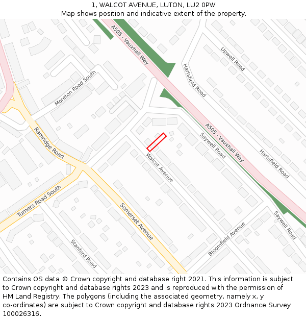 1, WALCOT AVENUE, LUTON, LU2 0PW: Location map and indicative extent of plot