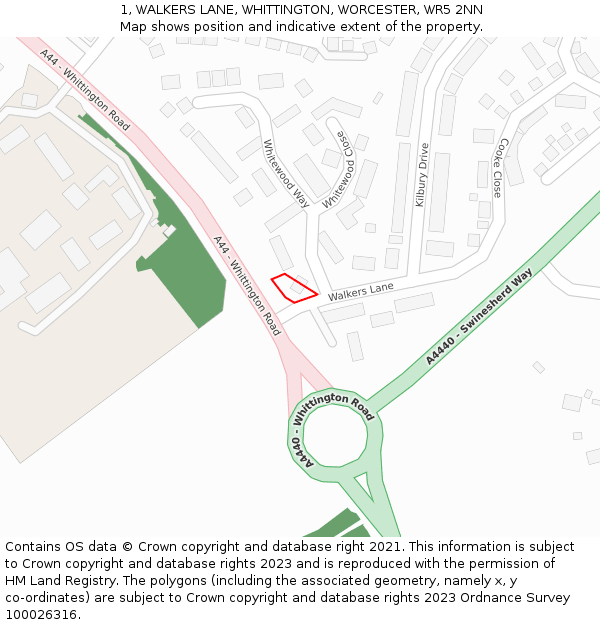 1, WALKERS LANE, WHITTINGTON, WORCESTER, WR5 2NN: Location map and indicative extent of plot