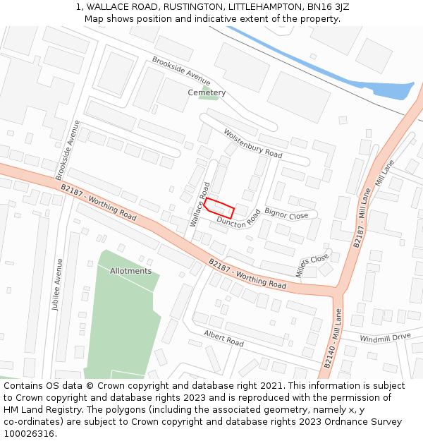 1, WALLACE ROAD, RUSTINGTON, LITTLEHAMPTON, BN16 3JZ: Location map and indicative extent of plot