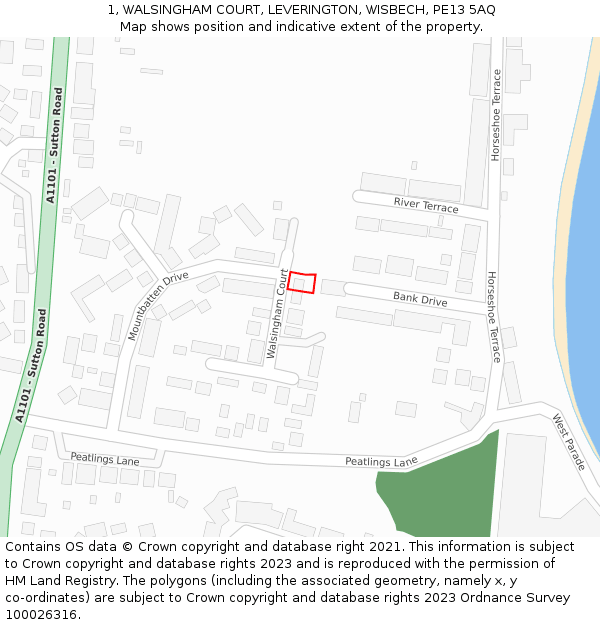 1, WALSINGHAM COURT, LEVERINGTON, WISBECH, PE13 5AQ: Location map and indicative extent of plot
