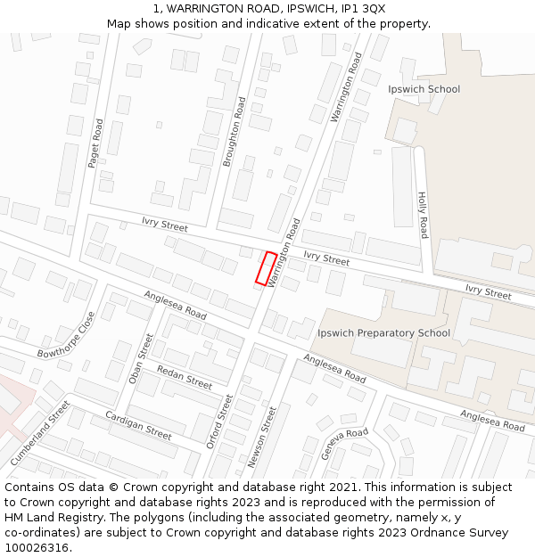 1, WARRINGTON ROAD, IPSWICH, IP1 3QX: Location map and indicative extent of plot