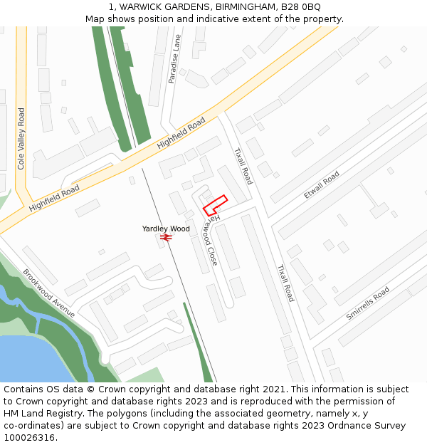1, WARWICK GARDENS, BIRMINGHAM, B28 0BQ: Location map and indicative extent of plot