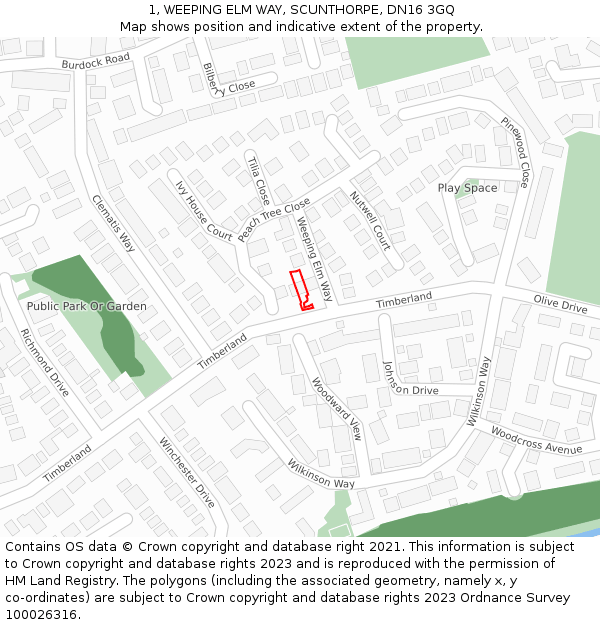 1, WEEPING ELM WAY, SCUNTHORPE, DN16 3GQ: Location map and indicative extent of plot