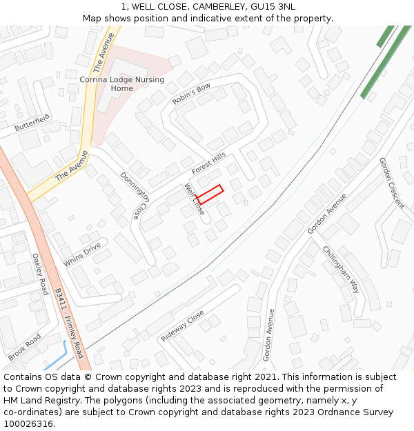1, WELL CLOSE, CAMBERLEY, GU15 3NL: Location map and indicative extent of plot