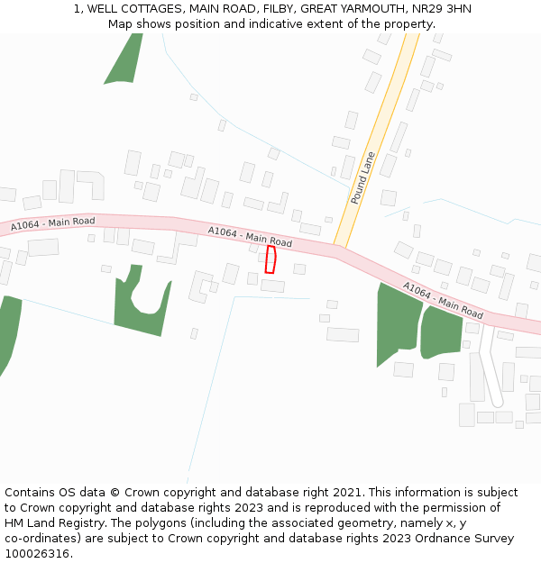 1, WELL COTTAGES, MAIN ROAD, FILBY, GREAT YARMOUTH, NR29 3HN: Location map and indicative extent of plot