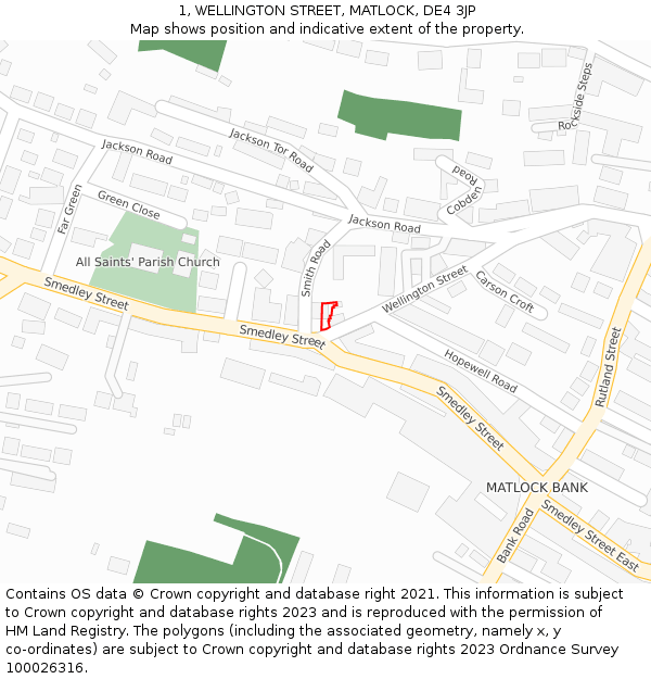 1, WELLINGTON STREET, MATLOCK, DE4 3JP: Location map and indicative extent of plot