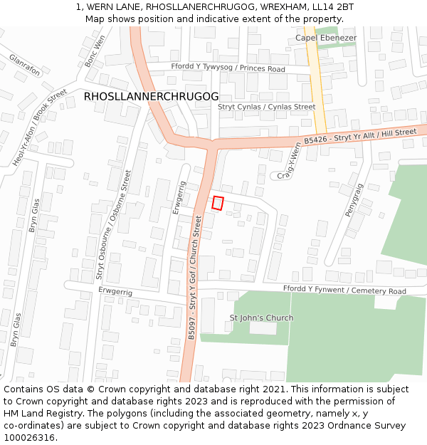 1, WERN LANE, RHOSLLANERCHRUGOG, WREXHAM, LL14 2BT: Location map and indicative extent of plot