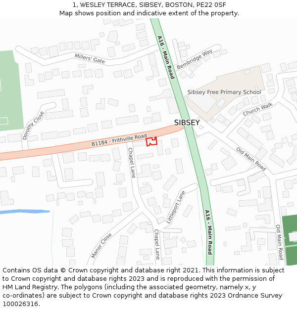1, WESLEY TERRACE, SIBSEY, BOSTON, PE22 0SF: Location map and indicative extent of plot