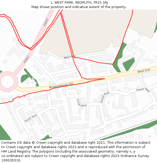 1, WEST PARK, REDRUTH, TR15 3AJ: Location map and indicative extent of plot
