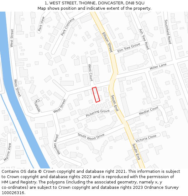 1, WEST STREET, THORNE, DONCASTER, DN8 5QU: Location map and indicative extent of plot